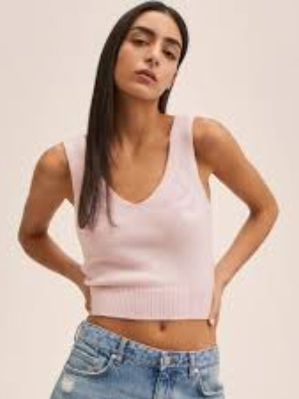 Mango Soft Pink Knit V-Neck Crop Tank